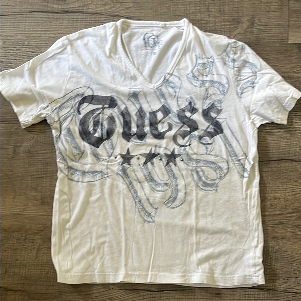 Guess White Tee with Blue Logo and Studded details